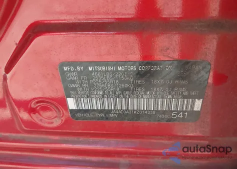 2019 Mitsubishi Outlander Sel z USA, uszkodzony, nr VIN JA4AD3A31KZ014338